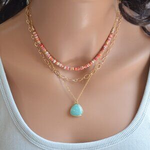 Gold Layering Necklaces with Amazonite and Seashell
